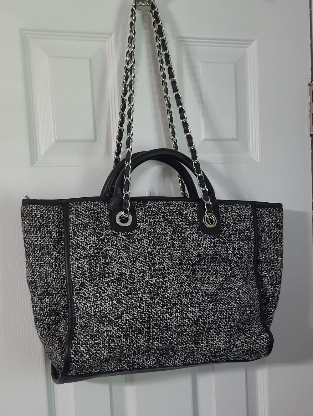 Black & White Tweed Tote Bag with Chain Straps